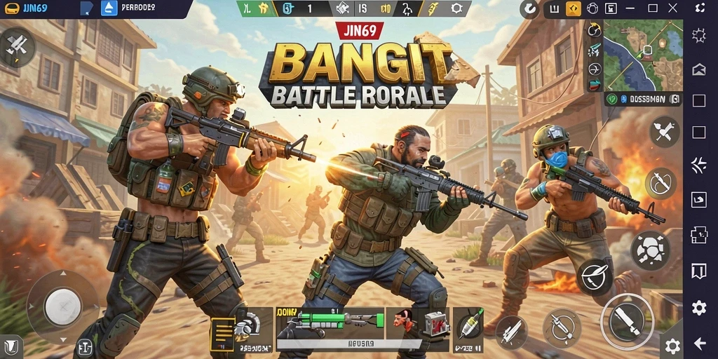 Tampilan dinamis gameplay JIN69 dalam pertandingan Battle Royale.