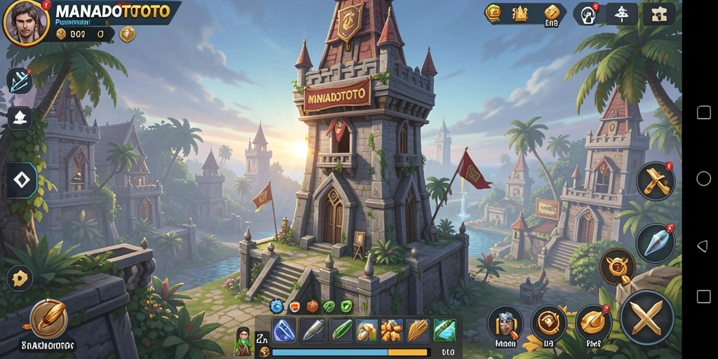 Tampilan gameplay MANADOTOTO dengan menara pertahanan yang strategis.