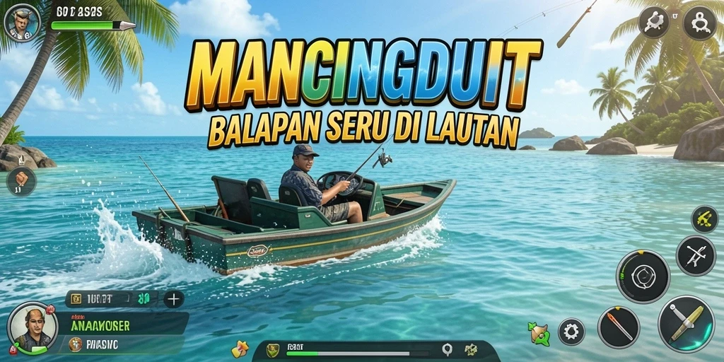 Screenshot MANCINGDUIT menunjukkan aksi balapan seru dengan memancing di lautan.