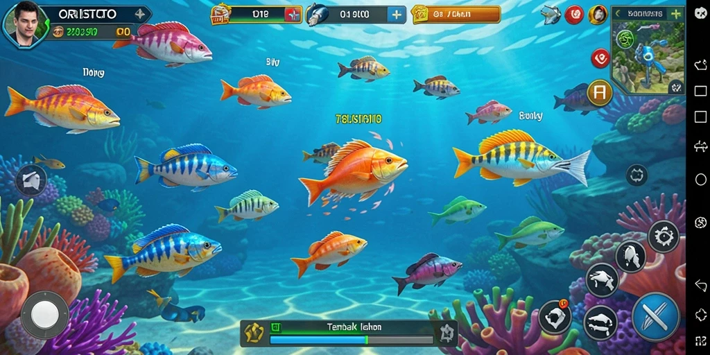 Screenshot utama ORISTOTO menampilkan aksi seru menangkap ikan.